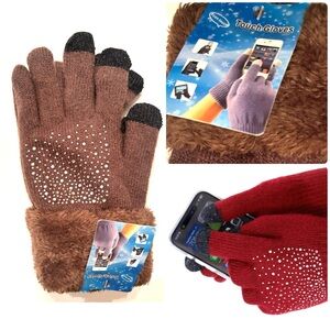 NWT Warm Bling Fleece Lined Long Wrist Touchscreen Women's Gloves, Brown